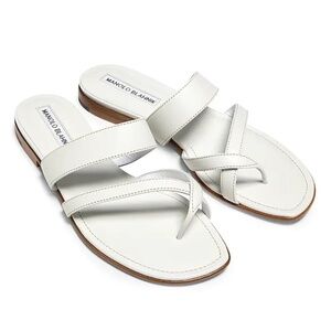 Manolo Blahnik White Nappy Leather Flat Sandals 39.5 worn once
